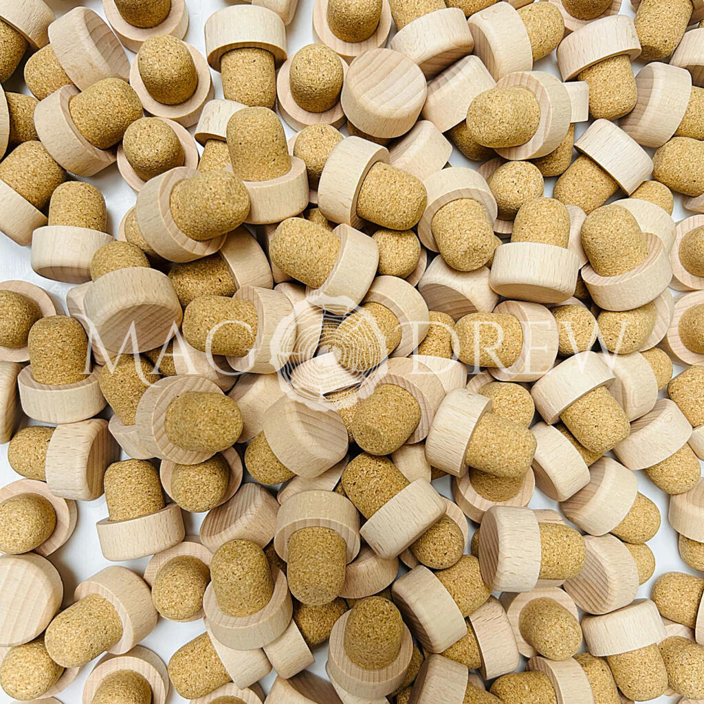 Korkenköpfe und Flaschenaufsätze aus Holz